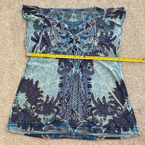 Y2K Floral Flowy Blue Flutter Sleeve Scoop Neck Stretchy Top - Picture 8 of 8